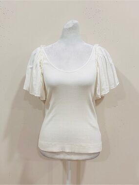Maeve by Anthropologie White  Ribbed Knit Top with Poplin Puff Sleeves – Size XS